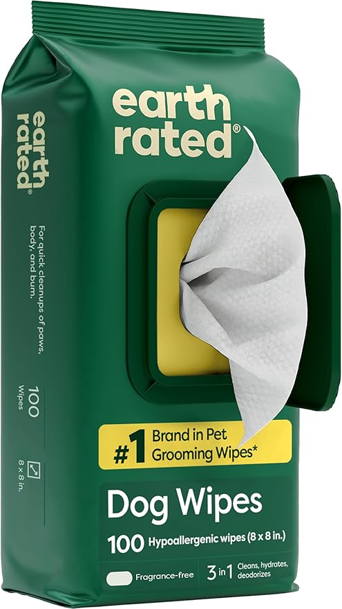 Earth Rated Pet Wipes for Dogs and Cats, Hypoallergenic, 3-in-1 Cleaning, Deodorizing and Hydrating, for Grooming Paws, Body and Butt, Unscented, 100 Count