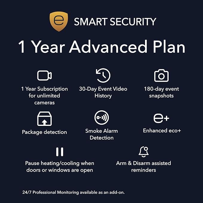 ecobee Smart Security Advanced Plan 1 Year Subscription, Unlimited Cameras, 30-Day Video History, Person Detection, Package Detection, Arm and Disarm, Cancel Anytime | ecobee Smart Security Advanced Plan 1 Year Subscription