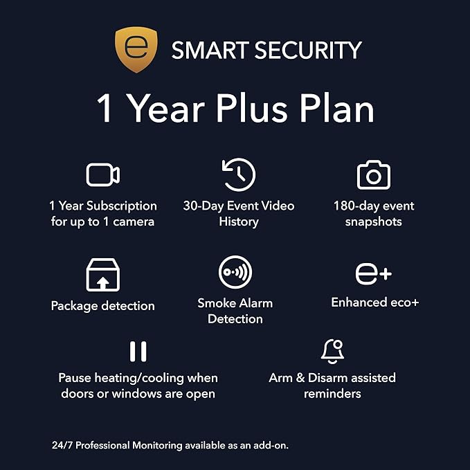 ecobee Smart Security Plus Plan 1 Year Subscription, up to 1 Camera 30-Day Video History, Person Detection, Package Detection, Surveillance and Monitoring, Arm and Disarm, Cancel Anytime | ecobee Smart Security Plus Plan 1 Year Subscription, up to 1 Camera 30-Day Video History