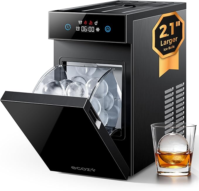 ecozy 2.1" Clear Ice Ball Maker Countertop with CrystalFlux Technology, Minimal Footprint Sphere Ice Maker with 8H Timer, 1 pc in 30 Mins, 48 pcs/Day, Self-Cleaning for Home Bar Whiskey & Bourbon