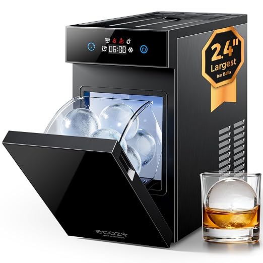 ecozy 2.4" Clear Ice Ball Maker Countertop with CrystalFlux Technology, Minimal Footprint Sphere Ice Maker with 8H Timer, 1 pcs in 40 Mins, 32 pcs/Day, Self-Cleaning for Home Bar Whiskey & Bourbon
