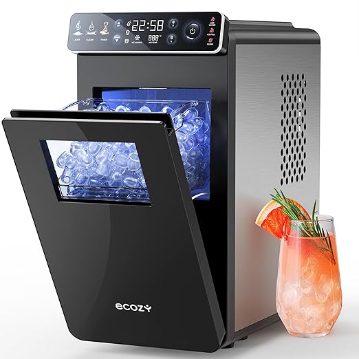 ecozy Ice Makers Countertop, Ultra Slim Design with Full-Color Panel, Internal Lights, 26 lbs/24H, Timer Ice Making, Two Ice Sizes, Portable Self-Cleaning Ice Machine for Home/Kitchen/RV