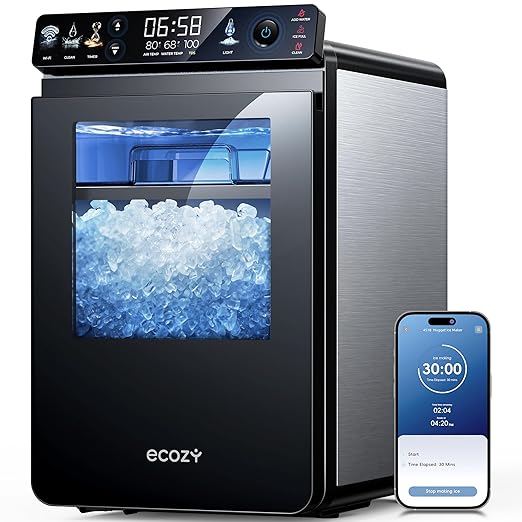ecozy Nugget Ice Maker Countertop, First Full-Color Smart Panel 44 lbs/24H Ice Machine with APP & Voice Control, Double-Layer Insulation, Pull-Out Water Tank, Soft Pebble Chewable Ice, Self-Cleaning