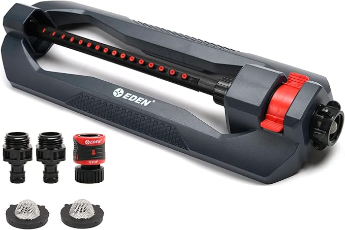Eden 96213EDAMZ Weighted Essential Oscillating Sprinkler | Covers Up to 3,600 sq. ft., 16 Precision Nozzles, Adjustable Range, Turbo Drive Motor, Quick Connect Bundle, Stainless Steel Filters, Black