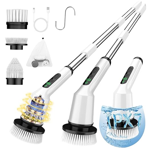 Electric Spin Scrubber for Cleaning Bathroom, Shower Scrubber Cordless Cleaning Brush with IPX7 Waterproof & 2 Speed, 3 Brush Heads, Bathroom Cleaning Supplies for Shower Tub Kitchen Tile Toilet White