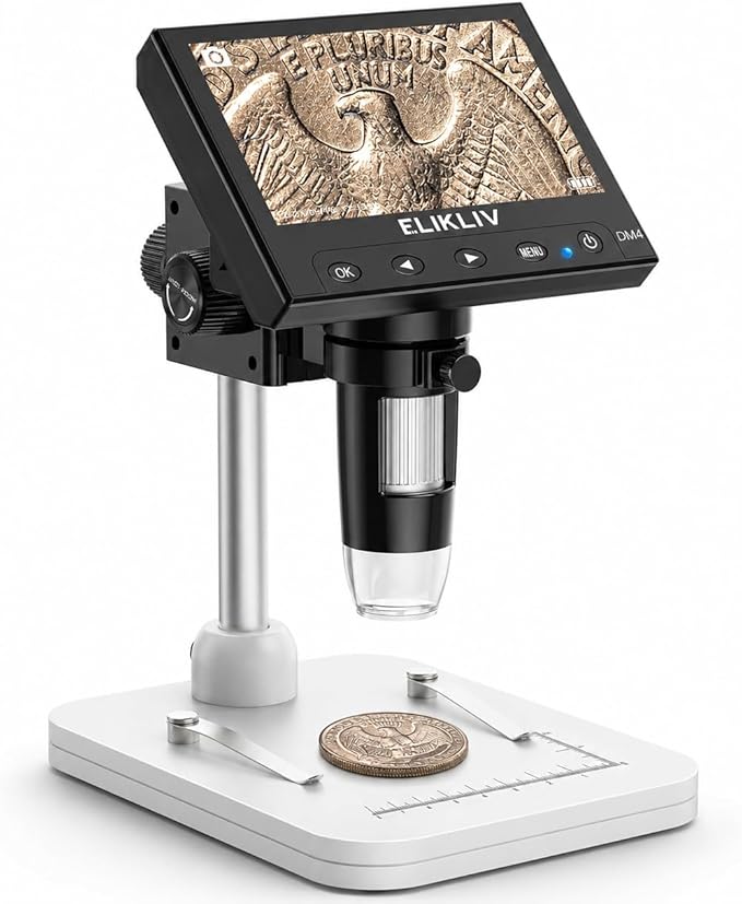 Elikliv Microscope, LCD Digital Coin Microscope 1000x, Coin Magnifier with 8 Adjustable LED Lights, PC View Compatible with Windows/MacBook, EDM4, 4.3-Inch