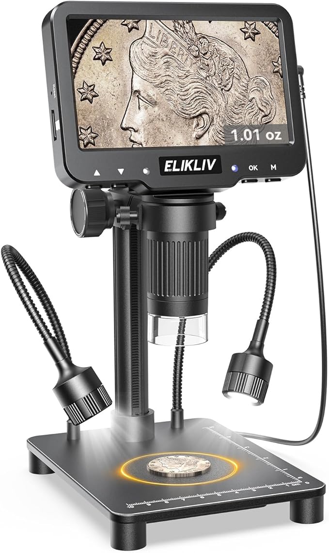 Elikliv Microscope with Weighing Scale, Digital Magnifier for Error Coins, Jewelry Magnifying Glass with Lights, 4.3" LCD Screen 12MP Camera 1080P Video USB PC View for Adults Collectors Supplies