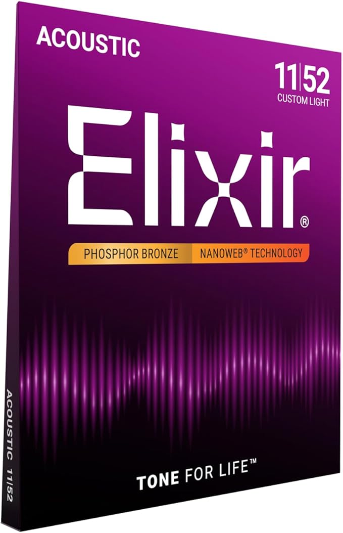 Elixir Strings, Acoustic Guitar Strings, Phosphor Bronze with NANOWEB Technology, Longest-Lasting Rich and Full Tone For Life with Comfortable Feel, 6 String Set, Custom Light 11-52