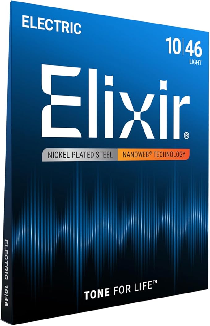 Elixir Strings, Electric Guitar Strings, Nickel Plated Steel with NANOWEB Technology, Longest-Lasting Bright Tone with Comfortable Feel, 6 String Set, Light 10-46