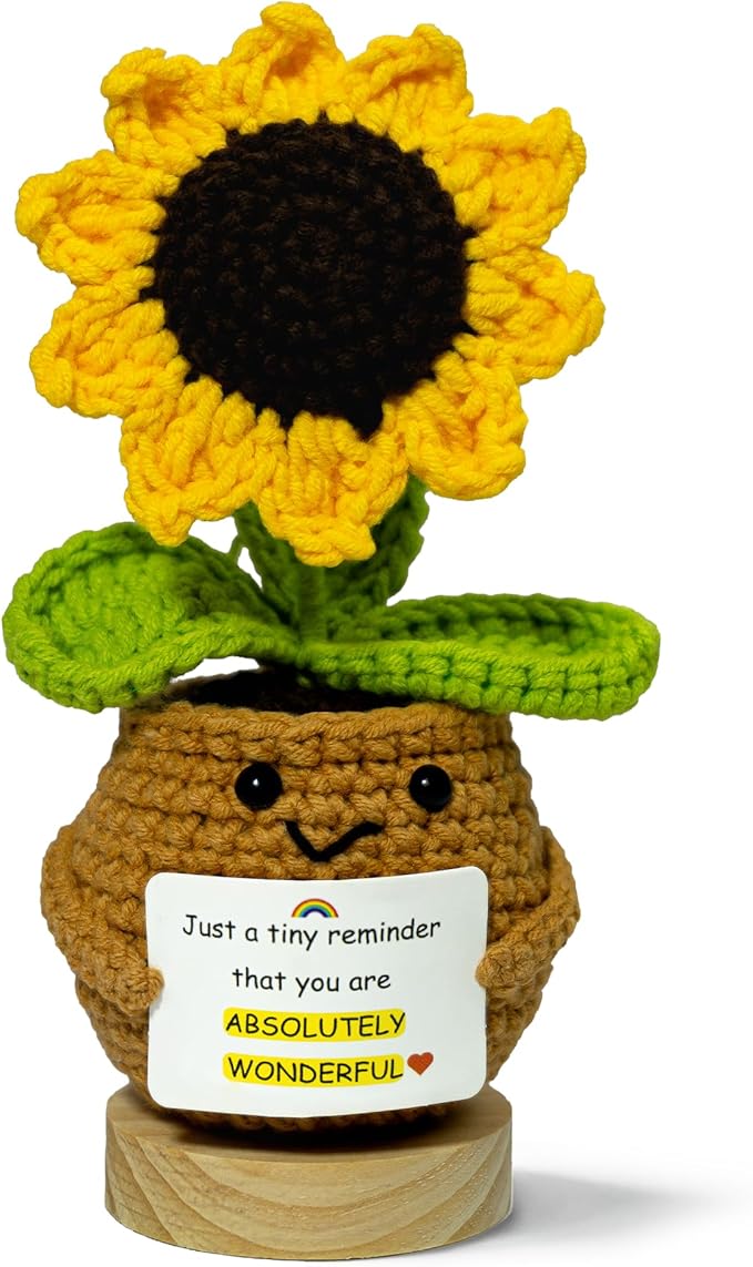 Emotional Support Crochet Sunflower - Cute Positive Desk Decor & Positivity Buddy, Unique Teacher Appreciation Gifts for Women, Coworkers, Friends - Handmade Plant (S5)
