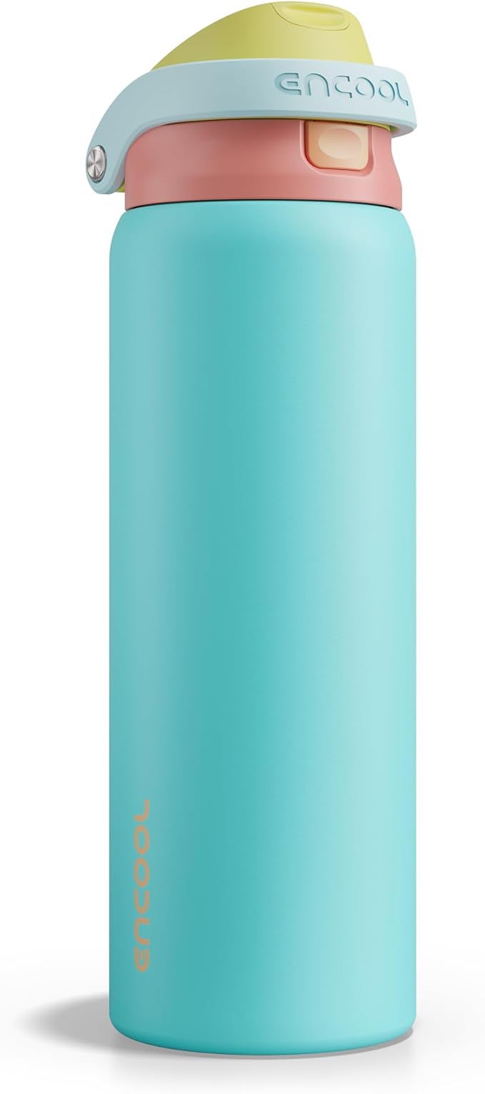 ENCOOL Leakproof Insulated Water Bottle with Straw Dual-Sip Water Bottle Bag-Safe Design for Work, Commute & Gym – Keeps Drinks Cold All Day, 32 oz, Orange-Reef Blue