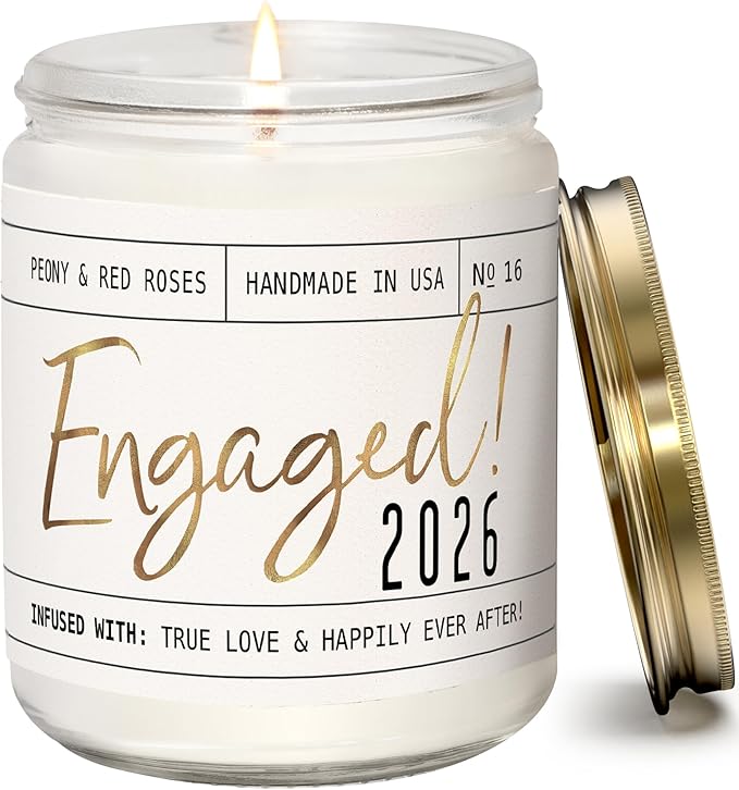 Engagement Gift, Engagement Gifts for Couples -'Engaged 2026' Candle, w/Peony & Rose Wedding Bouquet I Fiance Gifts for Women I Engaged Gift for Her I 50Hr Burn, USA Made