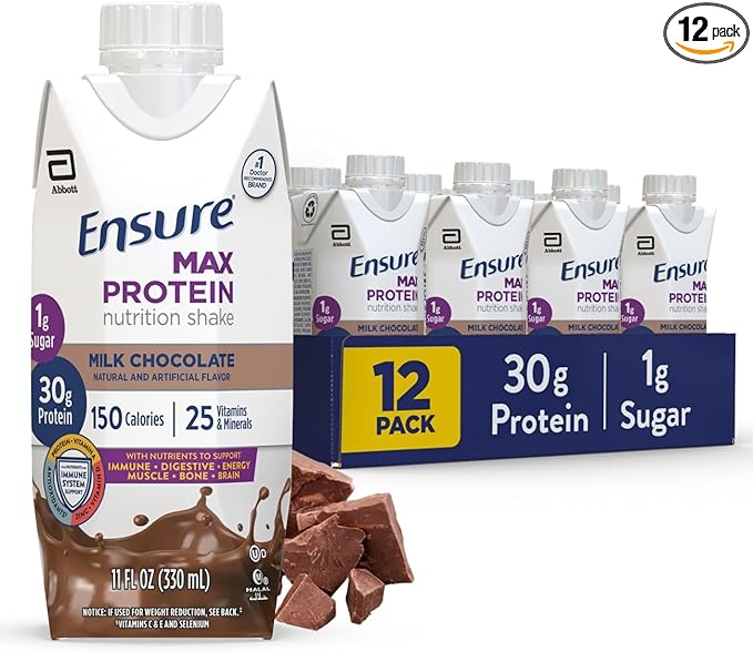Ensure Max Protein Shake | Milk Chocolate | Ready to Drink | 30g Protein for Muscle Health | 1g Sugar, 4g Fiber | 11 fl oz, 12 Pack