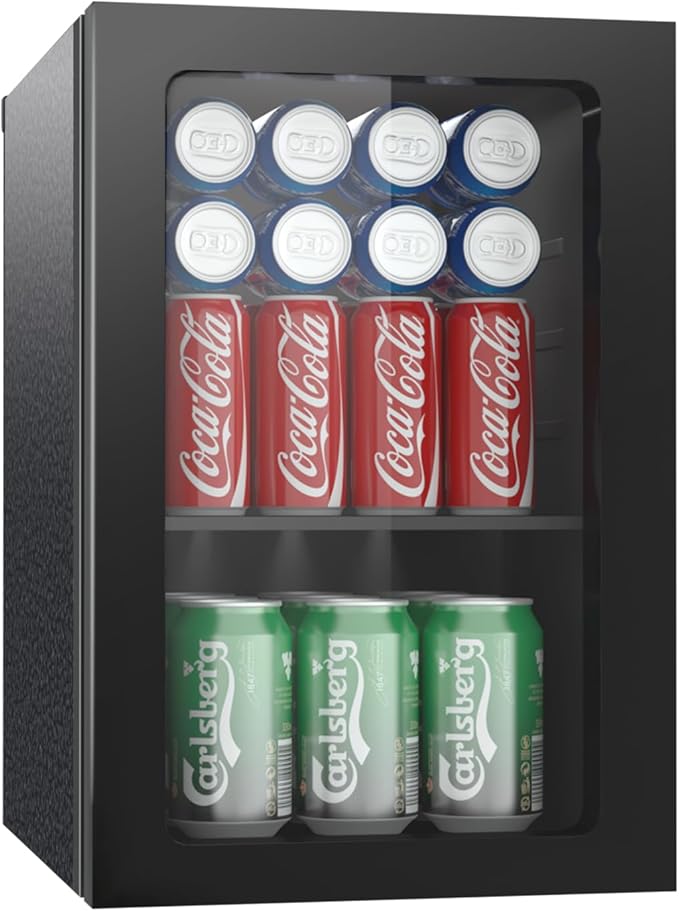 Erivess Compact Freestanding Beverage Refrigerator, 24 Can/0.9 Cubic Feet Mini Fridge with Acrylic Front Door for Soda, Beer or Wine, Under Counter Small Refrigerator with Adjustable Shelves for Home