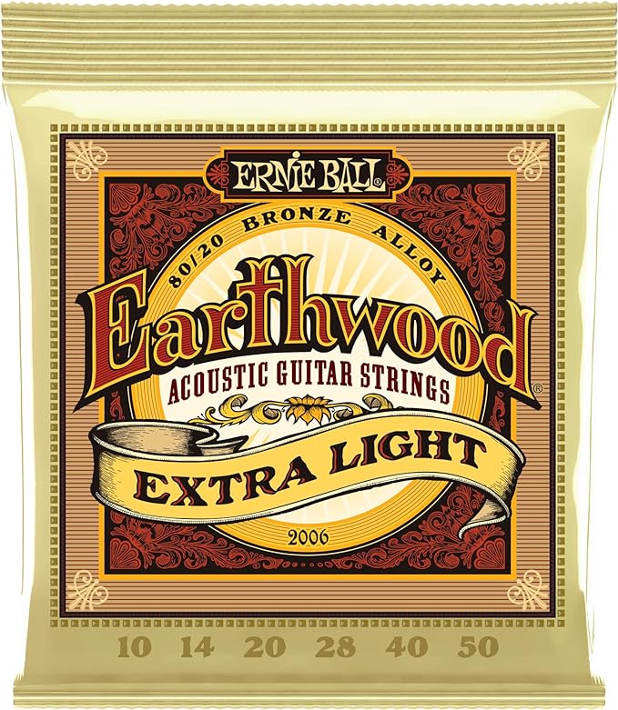 Ernie Ball Earthwood Extra Light 80/20 Bronze Acoustic Guitar Strings, 10-50 Gauge (P02006)
