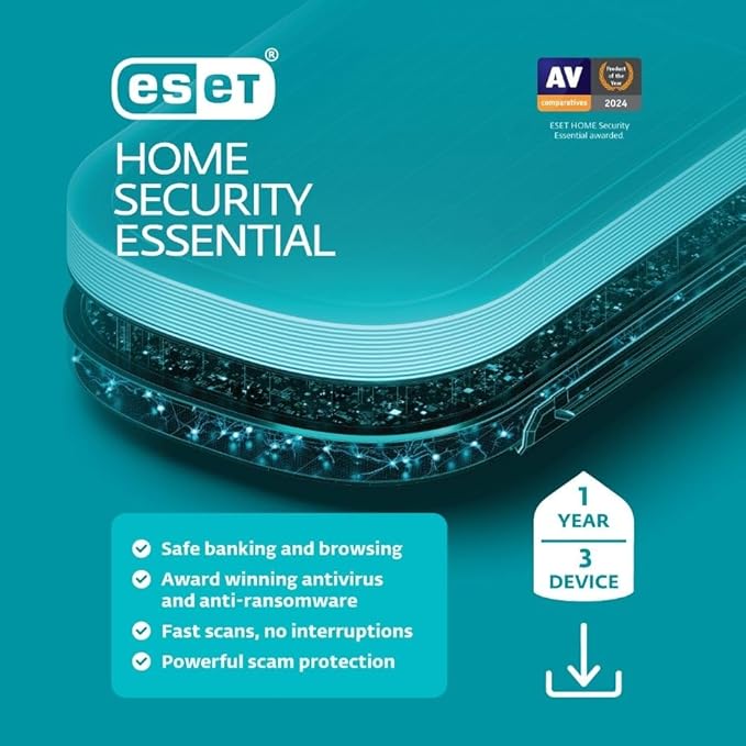 ESET Home Security Essential | Antivirus | 2025 Edition | 3 Devices | 1 Year | Safe Banking | Privacy Protection | IOT Protection | Ransomware | Digital Download [PC/Mac/Android]