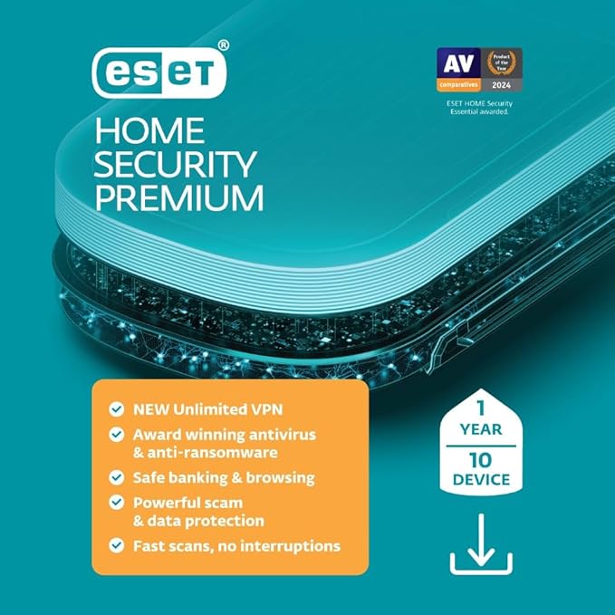 ESET Home Security Premium | Antivirus | 2025 Edition | 10 Devices | 1 Year| Unlimited VPN | Privacy Protection | Ransomware | Anti-Theft | Digital Download [PC/Mac/Android]
