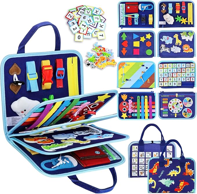 Esjay Toddler Busy Board Montessori Toys for Boys, Sensory Book Educational Activities for Learning Fine Motor Skills, Birthday Gifts for Boys Toddlers, Travel Toys for Airplane Car, Blue Dinosaur