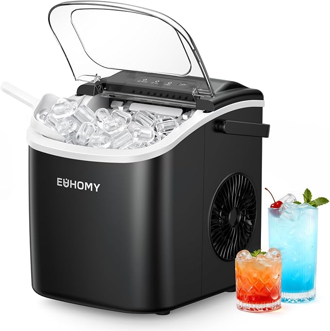 EUHOMY Countertop Ice Maker Machine with Handle, 26.5lbs Per Day, 9 Ice Cubes Ready in 6 Mins, Auto-Cleaning Portable Ice Maker with Basket and Scoop, for Home/Kitchen/Camping/RV (Black)