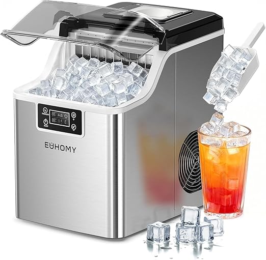 EUHOMY Ice Cube Maker Machine Countertop, 2 Ways to Add Water, 45Lbs/Day 24 Pcs Ready in 13 Mins, Auto-Cleaning Portable Compact, with Ice Scoop & Basket, Perfect for Home/Kitchen/Office/Bar (Silver)