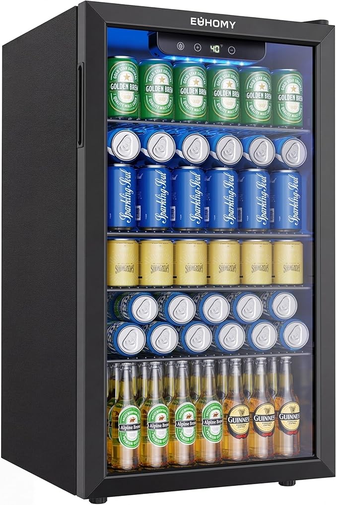 EUHOMY Mini Fridge 130 Can Beverage Refrigerator Cooler Glass Door for Soda Wine Beer, Beverage Cooler for Home, Bar, Office with Digital Temperature Control Removable Shelves, Black