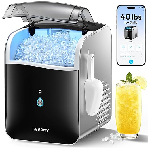 EUHOMY Smart Nugget Ice Maker Countertop, Pebble Ice Maker Machine with APP/Alexa Control, 40lbs/24H, Ready in 7 Mins, Self-Cleaning, Portable Sonic Ice Makers with Hanging Ice Scoop for Home/Office