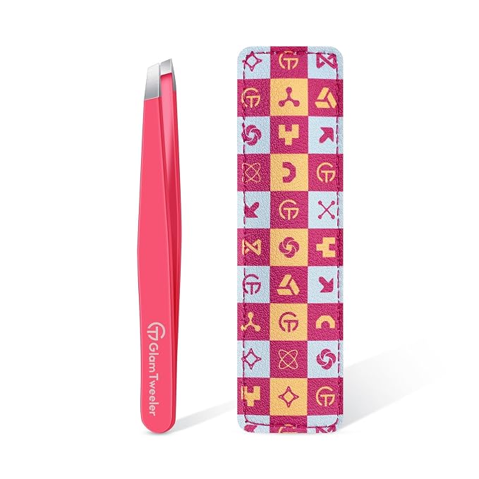 Expert Eyebrow Hair Removal Tweezer with Leather Case, GlamTweeler High Precision Slant Tip Stainless Steel Tweezers for Men and Women (Hot Pink)