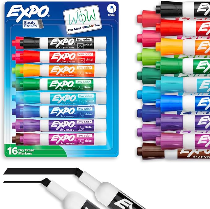 EXPO Dry Erase Markers, Low Odor Ink, Assorted Colors, Chisel Tip, 16 Count - Whiteboard, Calendar, Organization, Back to School, Teacher Supplies