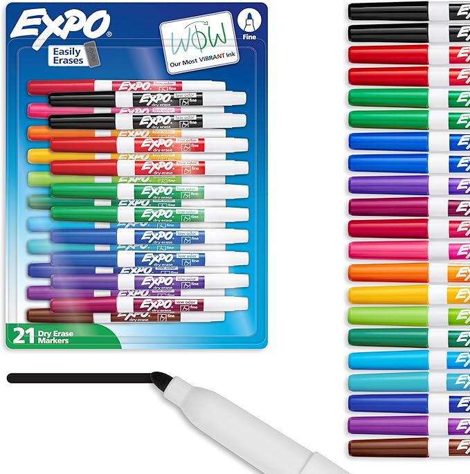 EXPO Dry Erase Markers, Low Odor Ink, Assorted Colors, Fine Tip, 21 Count - Whiteboard, Essential Supplies for Office, School, Classroom, Teachers