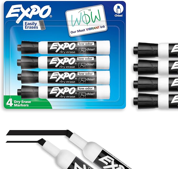EXPO Dry Erase Markers, Low Odor Ink, Black, Chisel Tip, 4 Count - Whiteboard, Calendar, Organization, Essential Supplies for Office, School, Classroom, Teachers