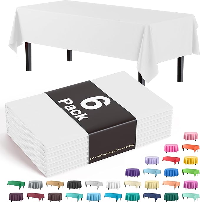 Exquisite Party Solids 6-Pack Premium Plastic Tablecloth 54in. x 108in. Rectangle Plastic Table Cover - White