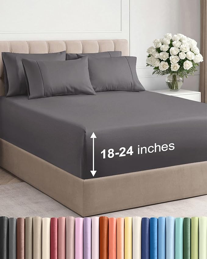 Extra Deep Queen Sheet Set - 6 Piece Breathable and Cooling Sheets - Hotel Luxury Bedding for Women, Men, Kids & Teens - Easy & Secure Fit - Soft, Wrinkle Free and Comfy - Extra Deep Pockets - Grey