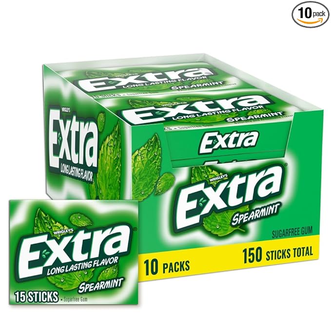 Extra Gum Spearmint Sugarfree Gum Bulk, Individually Wrapped, Perfect for Long Lasting Fresh Breath at School, Work & Travel 15 Count, Pack of 10