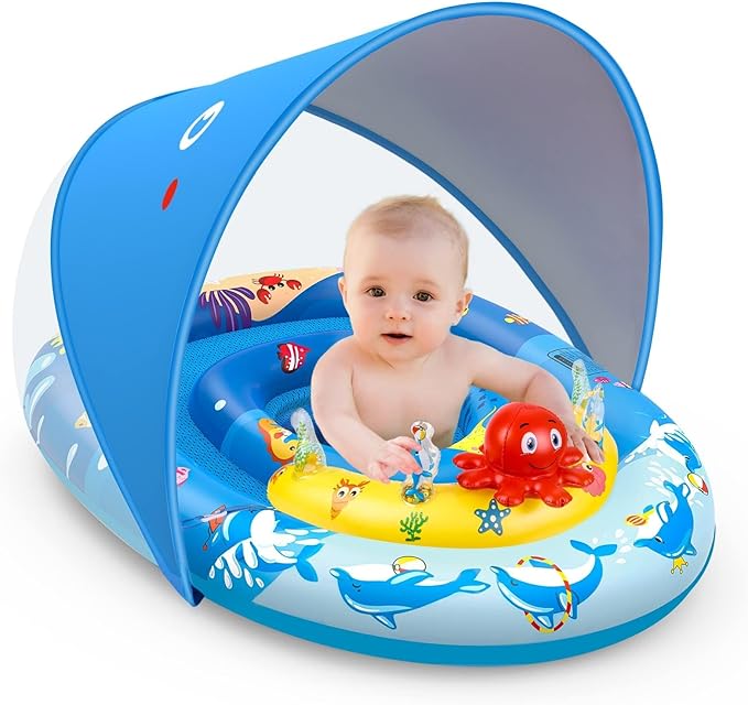 EZIGO Baby Pool Float with Canopy UPF50+ Sun Protection, Inflatable Kids Pool Floats with Ocean Animal Toys for Baby 6-36 Months, Infant Swimming Float with Adjustable Safety Seat for Boys Girls