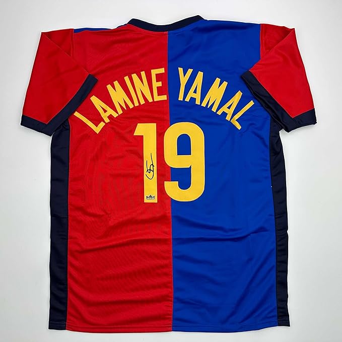 Facsimile Autographed Lamine Yamal #19 FC Barcelona Blue/Red Reprint Laser Auto Soccer Jersey Size Men's XL