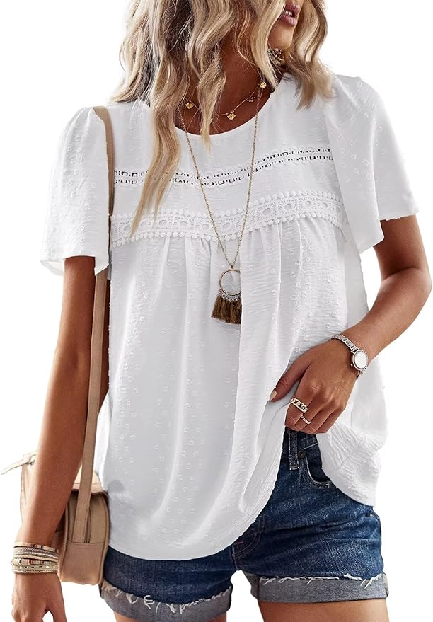 Falechay Womens Summer Tops Crewneck Short Sleeve Shirts Casual Chiffon Blouses Flowy Lace Hem Boho Clothing Trendy 2026
