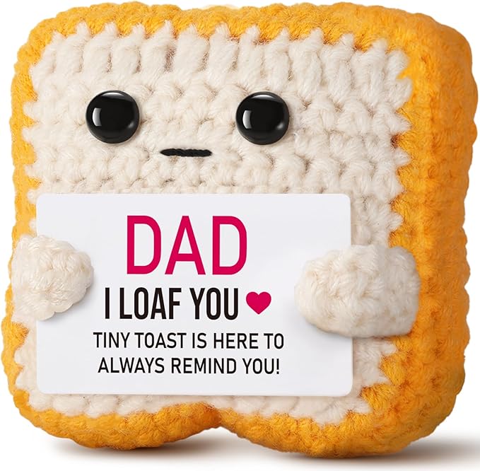 Fathers Day Dad Gifts from Daughter or Son,Handmade Crochet Toast Funny Birthday Cards for Daddy,Unique I LOAF You Papa Gift Idea Decorations