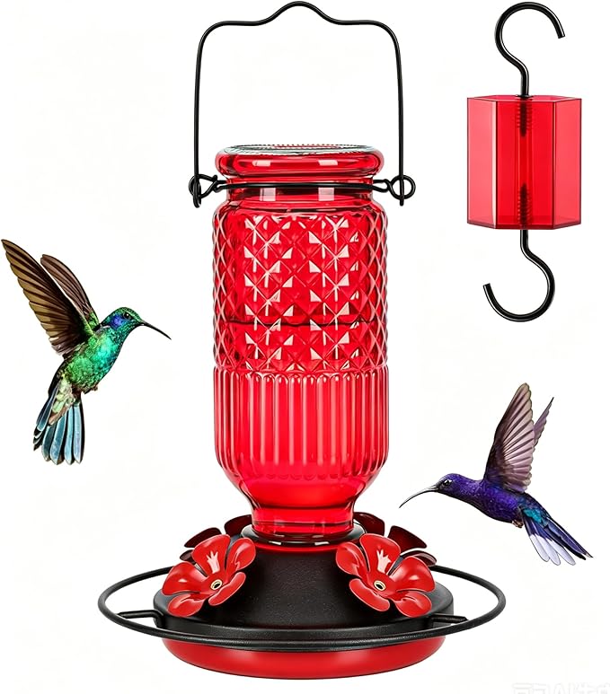 FEED GARDEN Glass Hummingbird Feeder for Outdoors Hanging, 16 oz Leak-Proof Nectar Feeder with Bee Guards & Ant Moat, 4 Metal Flower Feeding Ports, 360° Perch Ring, Easy Refill & Clean, Red