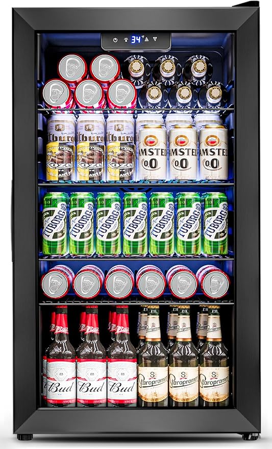 Feelfunn 3.2 Cu.Ft Mini Fridge with Glass Door - 126 Can Beverage Refrigerator Cooler for Drink Beer Wine Soda, Small Fridge for Bedroom Office Bar Dorm, 4 Adjustable Shelves, Black