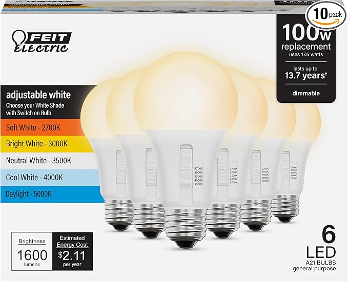 Feit Electric A19 LED Light Bulb, 60W Eq, Dimmable, 5CCT, 800 Lumens