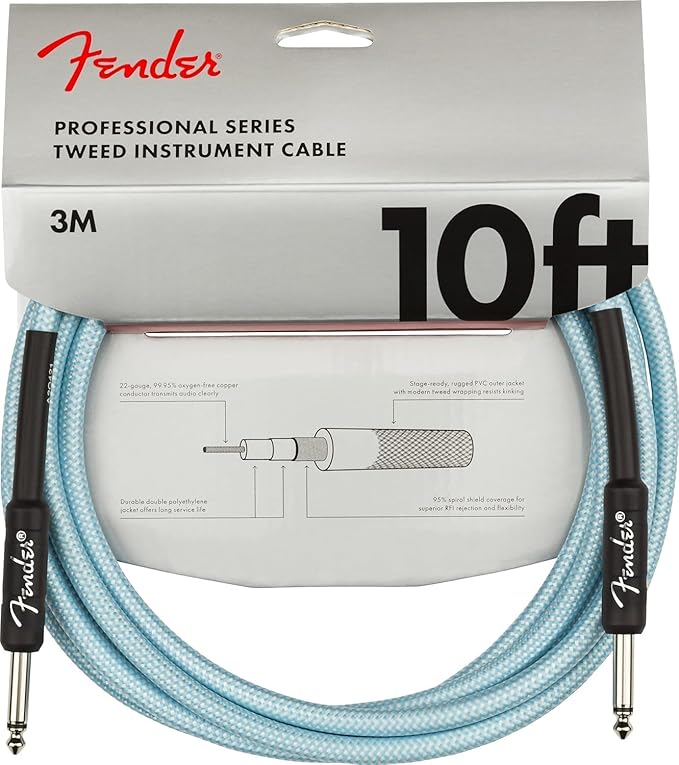 Fender Professional Series Tweed Instrument Cable, Guitar Cable, Guitar Accessories, Straight/Straight, Spiral Shielding for an Anti-Kinking Design, Daphne Blue, 10ft