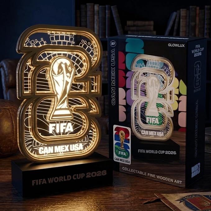 FIFA World Cup 2026 Official Licensed Collectible Display Trophy LED Glow Night Light, Soccer Memorabilia Gift for Father's Day Men Dad Kids Fans – Man Cave Bar Desk Decor – USA CAN MEX Trophy Replica