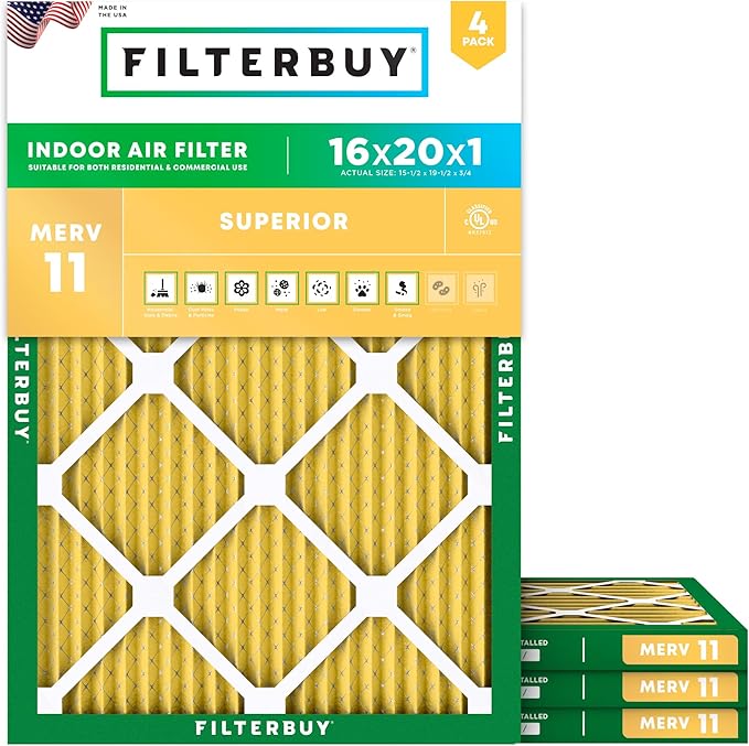 Filterbuy 16x20x1 Air Filter MERV 11 Superior Pet & Allergy Defense (4-Pack), Electrostatic Pleated HVAC AC Furnace Filters Replacement, Made in USA (Actual Size: 15.50 x 19.50 x 0.75)