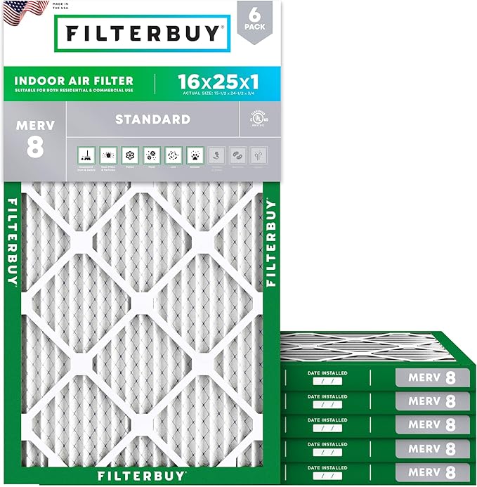 Filterbuy 16x25x1 Air Filter MERV 8 Essential Dust & Allergy Defense (6-Pack), Electrostatic Pleated HVAC AC Furnace Filters Replacement, Made in USA (Actual Size: 15.50 x 24.50 x 0.75)