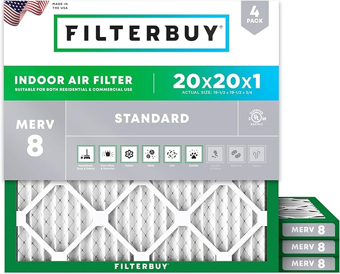 Filterbuy 20x20x1 Air Filter MERV 8 Essential Dust & Allergy Defense (4-Pack), Electrostatic Pleated HVAC AC Furnace Filters Replacement, Made in USA (Actual Size: 19.50 x 19.50 x 0.75)