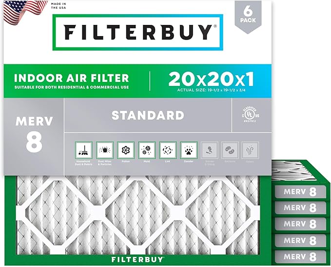 Filterbuy 20x20x1 Air Filter MERV 8 Essential Dust & Allergy Defense (6-Pack), Electrostatic Pleated HVAC AC Furnace Filters Replacement, Made in USA (Actual Size: 19.50 x 19.50 x 0.75)