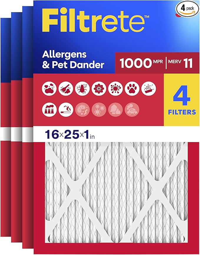 Filtrete 16x25x1 Air Filter, MERV 11, MPR 1000, Allergens & Pet Dander, 3-Month AC and Furnace Filters, Cleaner Air, Reliable Airflow, 4 HVAC Filters (Actual Size 15.68 x 24.68 x 0.81 in)