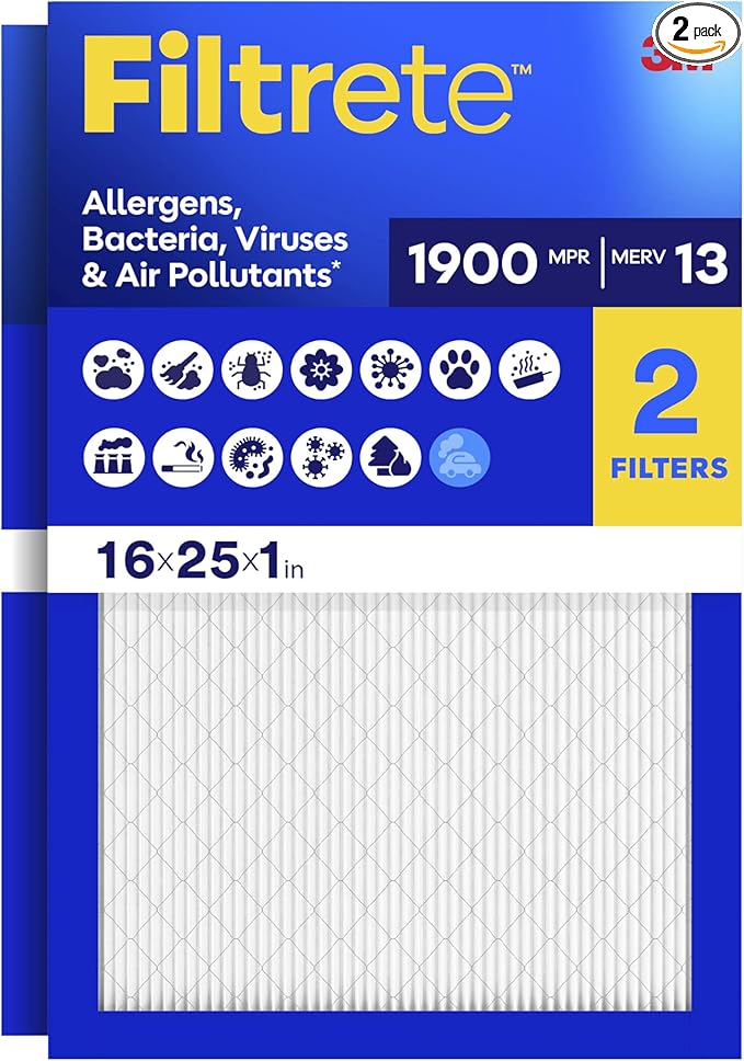 Filtrete 16x25x1 Air Filter, MERV 13 MPR 1900, Allergens, Bacteria, Viruses & Air Pollutants, 3-Month AC/Furnace Filters, Cleaner Air Reliable Airflow, 2 HVAC Filters(Act Size 15.62x24.62x0.78 in)