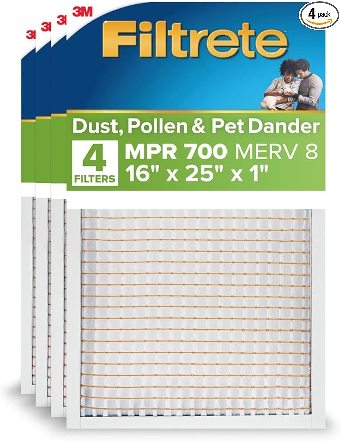 Filtrete 16x25x1 Air Filter MERV 8, MPR 700 Tough on Pollen 4-Pack, AC Furnace HVAC Filters for Home, 3-Month Pleated Electrostatic (Actual Size 15.68 x 24.56 x 0.78 in)