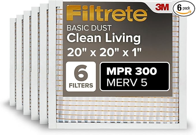 Filtrete 20x20x1 Air Filter MERV 5, 6-Pack AC Furnace HVAC, MPR 300 Basic Dust Defense, Pleated Electrostatic, Removes Lint